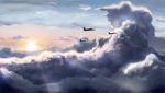  bomber cloud commentary flying gyan_(akenosuisei) military mitsubishi_g4m no_humans original sky sun sunset world_war_ii wwii 