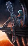  aqua_hair armor cannon city colored_eyelashes copyright_request cyberpunk electricity highres hime_cut huge_weapon jinn_(popmart) red_eyes scarf science_fiction sitting solo weapon 