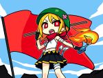  angry bandage bandages bandana blonde_hair blush_stickers bokken bottle chan_co cloud communism fire flag helmet kagamine_rin molotov_cocktail no_nose open_mouth red_eyes shakai_shugi_darling_(vocaloid) short_hair skirt solo standing sword teeth vocaloid weapon wooden_sword 