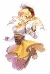  boots drill_hair fingerless_gloves gloves happy hat jumping mahou_shoujo_madoka_magica oca ribbon short_twintails skirt smile thigh-highs thighhighs tomoe_mami twintails wink yellow_eyes 