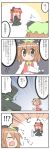  4koma animal_ears bad_id bottle bow brown_eyes brown_hair cat_ears cat_tail chen closed_eyes comic dress earrings eyes_closed fourth_wall frills hair_bow hat highres jewelry kaenbyou_rin long_hair miyako_hito multiple_girls multiple_tails open_mouth red_hair redhead sitting tail tears touhou translated translation_request water 