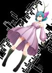  asya bare_shoulders blue_hair c_(control) c_the_money_of_soul_and_possibility_control dress gloves head_wings highres horns kneehighs legs pointy_ears q_(control) red_eyes short_hair solo 