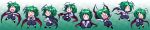  antennae arms_behind_back blush cape chibi closed_eyes eyes_closed falling from_behind green_hair halftone halftone_background happy highres kicking long_image madara_inosuke multiple_girls multiple_persona o_o open_mouth outstretched_arms scared sitting tears touhou wide_image wriggle_nightbug 
