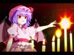  bow candle dress fang fire frills hat hat_bow highres letterboxed open_mouth purple_hair red_eyes remilia_scarlet ribbon short_sleeves solo tanpinsansyoku touhou wings 