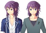  2boys alternate_hairstyle ayamisiro blue_eyes casual contemporary dual_persona expressions hair_bun male multiple_boys purple_hair shirt smile solo tales_of_(series) tales_of_vesperia white_background yuri_lowell 