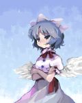  angel_wings blue_eyes blue_hair blush bow colored_eyelashes crossed_arms drawr dress mai_(touhou) oekaki short_hair solo touhou touhou_(pc-98) wings witch 