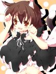  :3 alternate_costume animal_ears bell black_dress blush brown_eyes brown_hair cat_ears cat_pose cat_tail chen dress fang haruyonoto multiple_tails no_hat no_headwear open_mouth paw_pose red_eyes solo tail touhou 