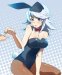  animal_ears bad_id bare_shoulders blue_eyes blush bow bowtie breasts brown_legwear bunny_ears bunny_girl bunny_tail bunnysuit cleavage large_breasts leotard lliillii pantyhose payot raine_sage ribbon short_hair sitting solo tail tales_of_(series) tales_of_symphonia white_hair 