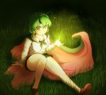  1girl antennae cape don9899 dress_shirt fireflies grass green_eyes green_hair highres knee_up looking_at_viewer no_socks open_hand outdoors shirt short_hair shorts sitting_on_object smile solo touhou wriggle_nightbug 