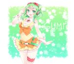  ak_love goggles goggles_on_head green_eyes green_hair gumi hand_on_headphones headphones headset highres open_mouth short_hair skirt smile solo vocaloid wrist_cuffs 