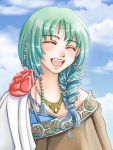  blue_hair closed_eyes eyes_closed flower green_hair happy jewelry lowres necklace original sky solo usagiya_koharu 