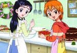  black_eyes black_hair cake cooking food futari_wa_precure highres long_hair misumi_nagisa multiple_girls official_art precure short_hair yukishiro_honoka 
