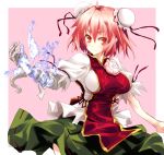  arm_up bandage bandages bun_cover double_bun flower hair_bun ibara_kasen ibaraki_kasen large_breasts magic matsuno_canel pink_eyes pink_hair pink_rose rose shirt skirt smile solo tabard touhou 