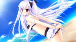  akechi_hikari beach bikini game_cg hyper_highspeed_genius long_hair miyasu_risa swimsuit upskirt white_hair 