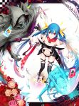  asymmetrical_wings bare_shoulders black_legwear blue_hair bow breasts card card_with_aura cleavage dizzy falling_card flower from_above guilty_gear hair_bow highres long_hair mitu navel necro red_eyes rose scarf skull tail thighhighs twintails under_boob underboob undine wings 