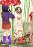  :t animal_ears bamboo bamboo_forest blush boots bra bra_strap bunny_ears bunny_tail forest gozaemon gyoza_emon highres inaba_tewi kneepits lingerie long_hair multiple_girls mushroom nature pleated_skirt pout purple_hair rain reisen_udongein_inaba rubber_boots see-through short_hair skirt tail touhou umbrella underwear wet wet_clothes 