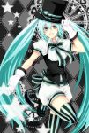  :d aqua_eyes aqua_hair argyle argyle_background bow bowtie gloves hat hat_tip hatsune_miku highres kanade_(reveryearth) long_hair open_mouth puffy_sleeves revery_earth ribbon smile solo standing_on_one_leg thigh-highs thighhighs top_hat twintails vertical-striped_legwear vertical_stripes very_long_hair vocaloid white_gloves 