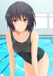  1girl amagami black_eyes black_hair blush competition_swimsuit face kishida-shiki nanasaki_ai one-piece_swimsuit pool red_eyes short_hair smile solo swimsuit swimsuit_pull 