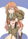  blue_eyes blush breast_rest breasts breasts_on_head charlotte_e_yeager francie_gerard kuronyan military military_uniform multiple_girls necktie open_mouth orange_hair smile soda strike_witches twintails uniform wink 