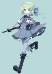  bad_id blue_eyes boots bow cross-laced_footwear dress green_hair gun hair_bow highres knee_boots lace-up_boots long_hair original pantyhose ponytail rifle simple_background sks solo weapon yokoe_(mealtime) 