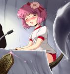  bare_legs blade blush buruma chair closed_eyes commentary_request eyes_closed flower flx gym_uniform hair_ornament hieda_no_akyuu microphone open_mouth pink_hair rod_of_remorse scythe sitting solo touhou trembling 