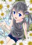  bike_shorts black_eyes blue_eyes casual daisy flower hair_ornament hoodie open_mouth original pins rail railing sitting skull sleeveless smile solo spats twintails 