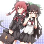  2girls alternate_costume animal_ears argyle argyle_background bag bespectacled black_hair bow braid cat_ears cat_tail fang glasses hair_bow hair_ribbon highres kaenbyou_rin long_hair long_sleeves multiple_girls multiple_tails neckerchief open_mouth red_eyes redhead reiuji_utsuho ribbon school_bag school_uniform serafuku shirt short_sleeves skirt smile tail taku10 touhou twin_braids v_arms very_long_hair wink 