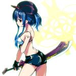  blue_hair cabbie_hat cloud_palette gloves hat payot pixiv_fantasia pixiv_fantasia_5 red_eyes shorts sword tattoo weapon 