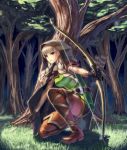  boots bow_(weapon) braid cloak dragon&#039;s_crown dragon's_crown elf elf_(dragon&#039;s_crown) elf_(dragon's_crown) forest gloves hood kneeling long_hair mismi nature pointy_ears purple_eyes solo thigh-highs thigh_boots thighhighs tree twin_braids violet_eyes weapon white_hair 
