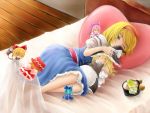  alarm_clock alice_margatroid bed bed_sheet blonde_hair blue_eyes character_doll clock doll ginto highres kirisame_marisa lying on_side pillow solo touhou wink 