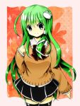  black_legwear blue_eyes blush frog green_hair hair_ornament kochiya_sanae long_hair school_uniform skirt smile snake solo sweater thigh-highs thighhighs titose_umihigu touhou 