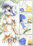  4koma bare_shoulders belt between_breasts bikini blonde_hair blue_eyes blue_hair breasts cleavage comic cucumber eating erect_nipples fifiruu goggles hair_bobbles hair_ornament hat kawashiro_nitori key kirisame_marisa long_hair midriff multiple_girls navel no_hat no_headwear pocket pockets short_hair sick swimsuit tools touhou translated translation_request twintails utility_belt water wrench 