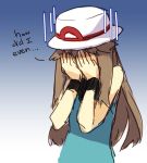  blue_(pokemon) brown_hair commentary covering covering_face english facepalm gloom_(expression) hat leaf_(pokemon) long_hair lowres pokemon sketch solo weee_(raemz) wristband 