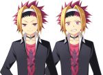  2boys ayamisiro black_hair blonde_hair choker clenched_teeth contemporary dual_persona expressions hairband jacket male messy_hair multicolored_hair multiple_boys pink_eyes pink_hair shirt smile solo tales_of_(series) tales_of_vesperia white_background zagi 