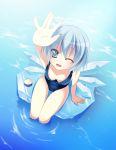  blue_eyes blue_hair can chibi_arisu cirno down_blouse feet_in_water from_above highres ice one-piece_swimsuit short_hair soaking_feet solo swimsuit touhou v water wings wink 