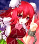  asamura_hiori bandage bandages breasts bun_cover chain chains cuffs double_bun fang flower hand_on_hip hips ibara_kasen ibaraki_kasen large_breasts manacles open_mouth red_eyes red_hair redhead solo tabard touhou 