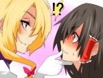  2girls black_hair blonde_hair blush brown_eyes chin_grab eye_contact face hair_tubes hakurei_reimu jont long_hair looking_at_another multiple_girls no_hat no_headwear purple_eyes touhou violet_eyes yakumo_yukari yuri 