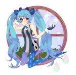  aqua_eyes aqua_hair blue_legwear dress gloves hakuyuu hatsune_miku heterochromia kneeling long_hair mismatched_legwear pantyhose print_legwear print_pantyhose purple_legwear rain red_eyes round_window snail solo twintails very_long_hair vocaloid window 