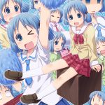  blue_eyes blue_hair blush character_sheet empty_eyes footwear hair_cubes hair_down hair_ornament highres hitodama naganohara_mio necktie nichijou notebook open_mouth pajamas pom_poms saliva sayousuke school_uniform serafuku shoes short_hair short_twintails shougi sitting skirt socks sweat tears twintails wavy_mouth wink 