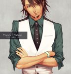  arms_folded brown_eyes brown_hair crossed_arms facial_hair jewelry kaburagi_t_kotetsu male necktie ring short_hair solo stubble tiger_&amp;_bunny vest wedding_band wedding_ring yui_(nightflight) 
