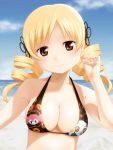  adjusting_hair bare_shoulders beach bikini bikini_top blonde_hair breasts bust charlotte_(madoka_magica) cleavage drill_hair hair_ornament halterneck highres large_breasts looking_at_viewer mahou_shoujo_madoka_magica print_bikini shishamo_(scholacco) sideboob smile solo swimsuit tomoe_mami yellow_eyes 