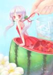  copyright_request dress fingers flower food food_themed_clothes fruit girl_in_food glass hair_bobbles hair_ornament halterneck ice_cube in_food long_hair minigirl neck_ribbon red_dress red_eyes ribbon sanmi_tenten solo twintails untying water watermelon 