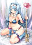 armor bandage bandages bare_shoulders bikini_armor blue_hair blush breasts cleavage drill_hair key lock long_hair martel_(artist) navel open_mouth original rubber_boots sitting solo thigh_strap twin_drills wariza 