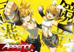  bass_clef blonde_hair blue_eyes blush choker clenched_hand detached_sleeves fist foreshortening grin hair_ornament hair_ribbon hairclip headset kagamine_len kagamine_len_(append) kagamine_rin kagamine_rin_(append) navel open_mouth outstretched_arms raised_fist ress ribbon short_hair shorts siblings smile spiked_hair spiky_hair spread_arms treble_clef twins vocaloid vocaloid_append 