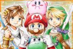  angel blade blonde_hair blue_eyes brown_hair gloves hat kid_icarus kirby kirby_(series) link mario mustache pit smile super_mario_bros. super_smash_bros. sword the_legend_of_zelda wings wreath yoshi 