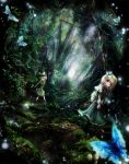  alice_margatroid apple228 black_dress blonde_hair blue_dress butterfly capelet dress forest green_eyes hair_ribbon hat highres kirisame_marisa multiple_girls mushroom nature ribbon touhou v_arms witch witch_hat yellow_eyes 