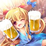  1girl beer blonde_hair brown_eyes enjoy_mix fang horn_ribbon horns ibuki_suika japanese_clothes kimono long_hair ribbon solo touhou very_long_hair wink yukata 