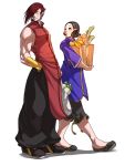  1girl bag baggy_pants blush chinese_clothes couple falcoon grocery_bag hair_over_one_eye muscle shaomei_(street_fighter) shoes shopping_bag sneakers street_fighter street_fighter_iii turnip yang_lee 
