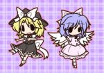  blonde_hair blue_hair bow chibi dress fushigi_ebi hair_bow hair_ribbon hat mai_(touhou) multiple_girls ribbon short_hair touhou touhou_(pc-98) wings witch yuki_(touhou) 