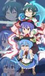 anchor blue_hair bow carrying chibi dai_(touhou_handdrawn) electricity empty_eyes food frills fruit hat highres hinanawi_tenshi human_tower kamen_rider kamen_rider_ooo_(series) long_hair mary_janes multiple_girls murasa_minamitsu nagae_iku peach red_eyes sailor sailor_outfit shauta_(ooo_combo) shoes short_hair shoulder_carry skirt smile stacking touhou